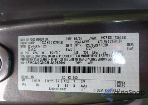 2024 Ford Escape Active из США, поврежденный, VIN 1FMCU0GN3RUA98994